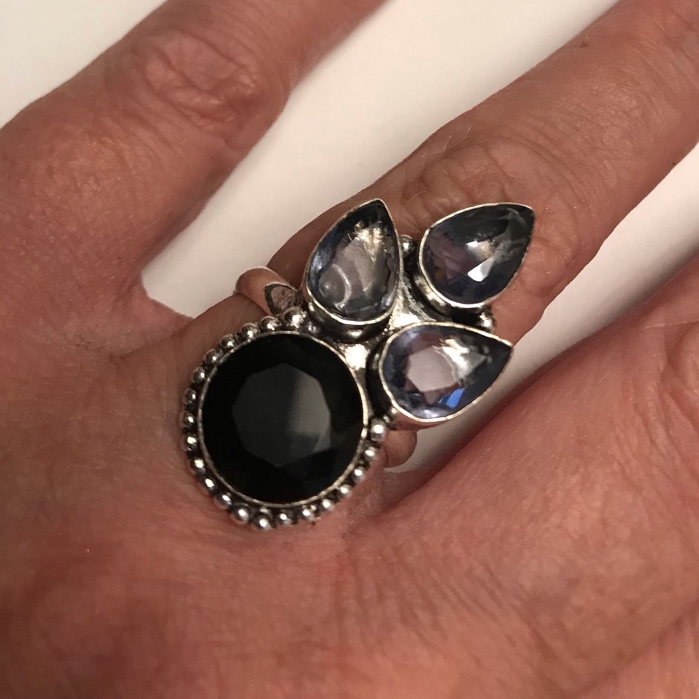 Black Onyx Blue Topaz Stamped 925 Sterling Silver Ring